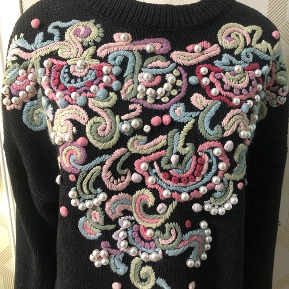 Vintage 80s BOAZ Black/Pastel Embroidered W/Pearls Sweater Ramie Cotton - Picture 6 of 7